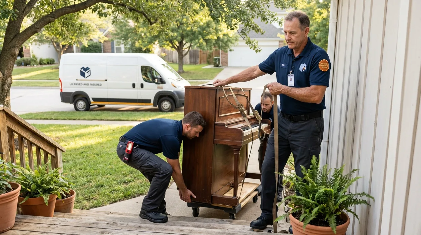 Licensed piano movers securing grand piano in Millington, MI