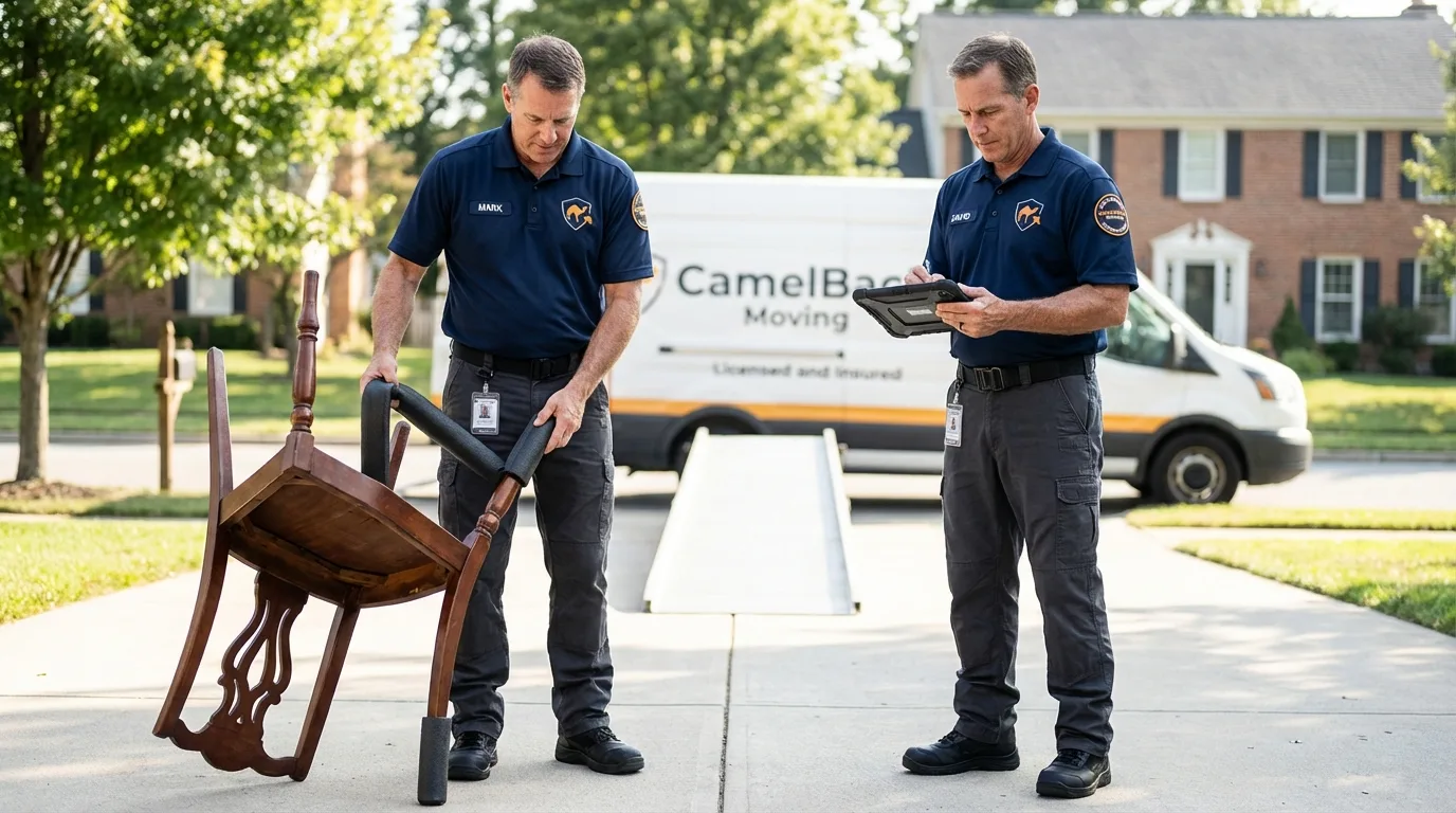 Movers inspecting furniture for damage prevention before loading in Millington, MI