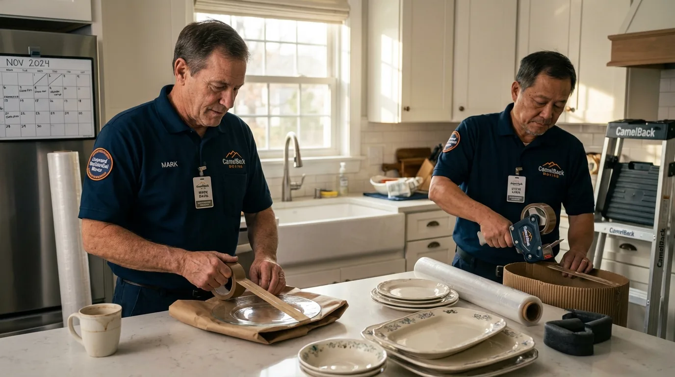 Professional crew packing kitchen dishware in Millington, MI